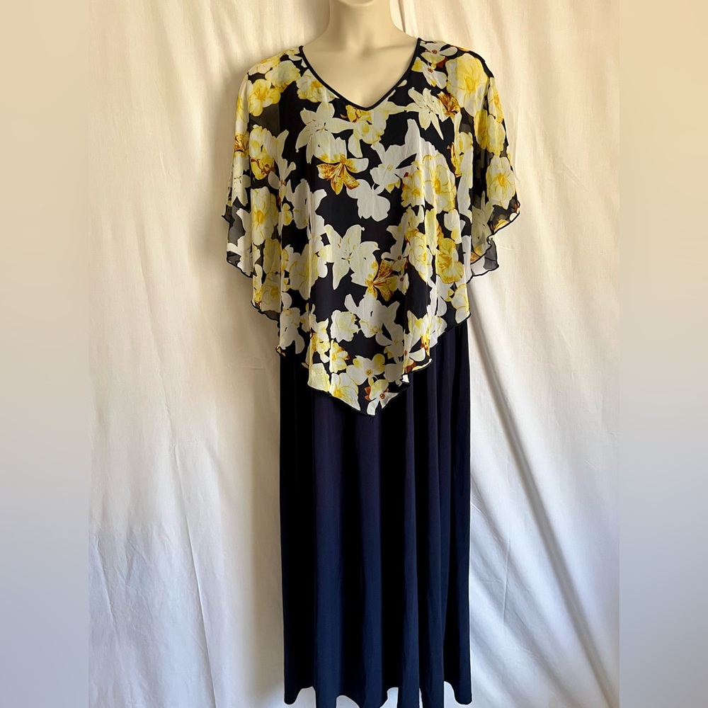 Elie McCarthy Elegant Floral Navy Blue and Yellow Midi Dress